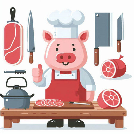 Illustration of a Cute Pig Chef Character with Meat and Knifeのイラスト素材