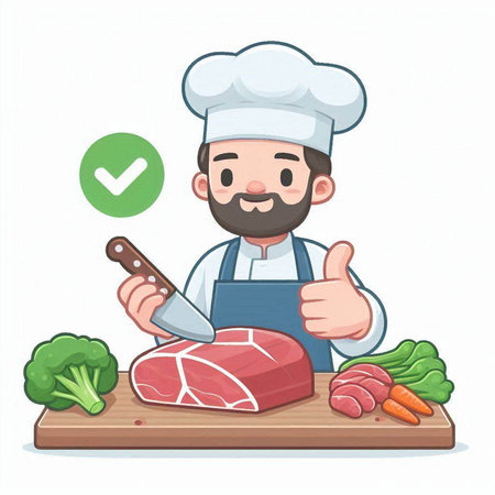 Chef with meat and vegetables. Vector illustration in cartoon style.のイラスト素材