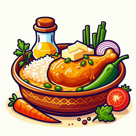 Illustration of a bowl of chicken with rice, vegetables and spicesのイラスト素材