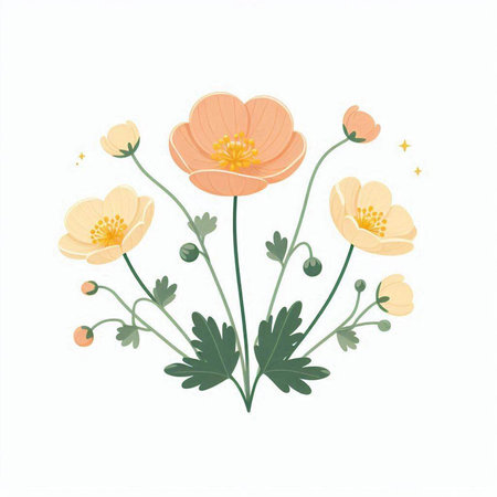 Floral vector illustration with poppies in pastel colors.のイラスト素材