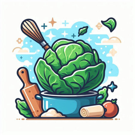 Cabbage in a pot with kitchen utensils. Vector illustration.のイラスト素材