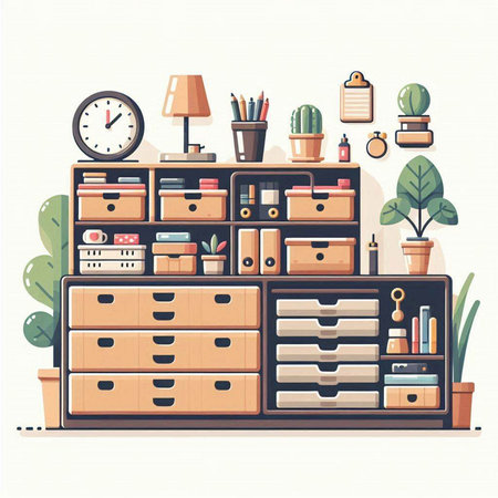 Flat design modern vector illustration concept of home office furniture. Furniture with bookshelf, bookshelf, plant, clock, cupboard, coffee table, lamp, pencil case, plant.のイラスト素材