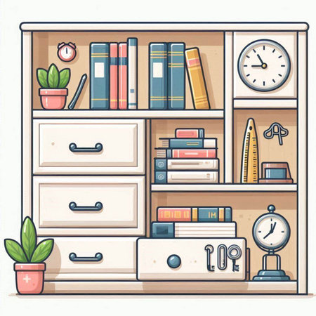 Bookshelf with books and accessories. Vector illustration in cartoon styleのイラスト素材