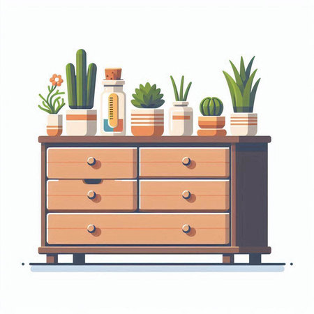 Wooden chest of drawers with house plants. Vector illustration.のイラスト素材
