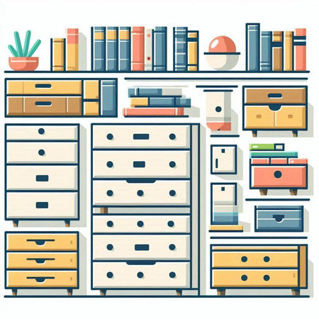 Bookshelf with different furniture. Vector illustration in flat style.のイラスト素材