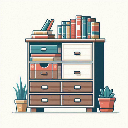 Cabinet with books and plants. Vector illustration in flat styleのイラスト素材