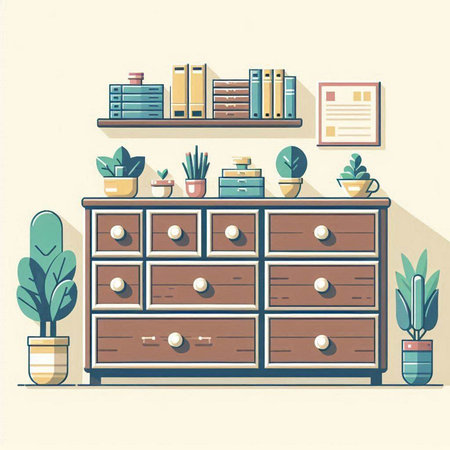 Wooden chest of drawers with plants and books. Vector illustrationのイラスト素材