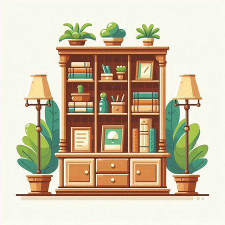 Bookcase with books, lamps and plants. Vector illustration in flat styleのイラスト素材