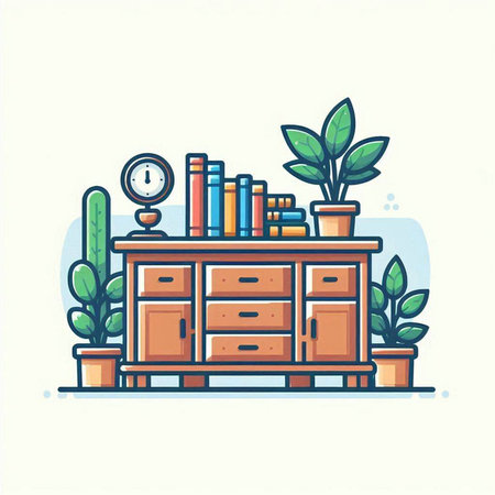 Cabinet with books and plants. Vector illustration in thin line style.のイラスト素材
