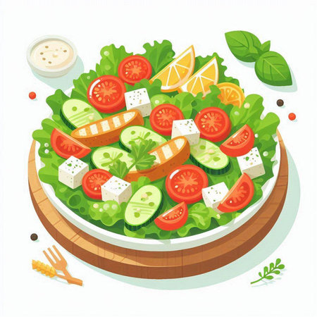 Salad with tomatoes, cucumbers, feta cheese, herbs and spices. Vector illustrationのイラスト素材