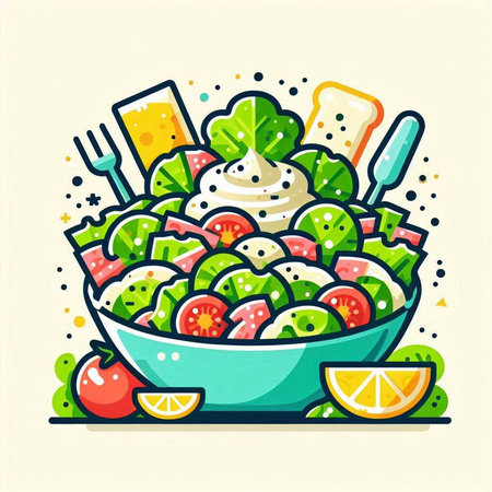 Healthy vegetable salad in bowl. Vector illustration in flat style.のイラスト素材