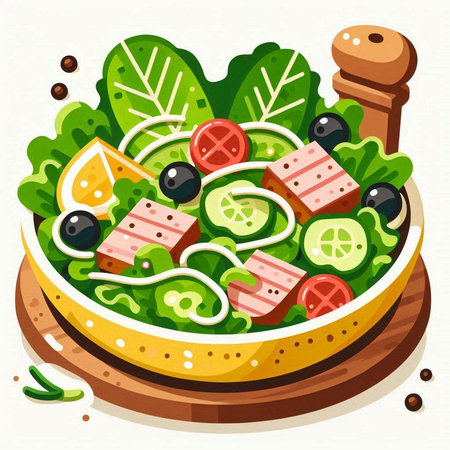 Salad with meat and vegetables. Vector illustration in flat style.のイラスト素材