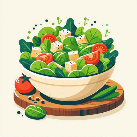 Healthy salad in a bowl. Vector illustration in flat style.のイラスト素材