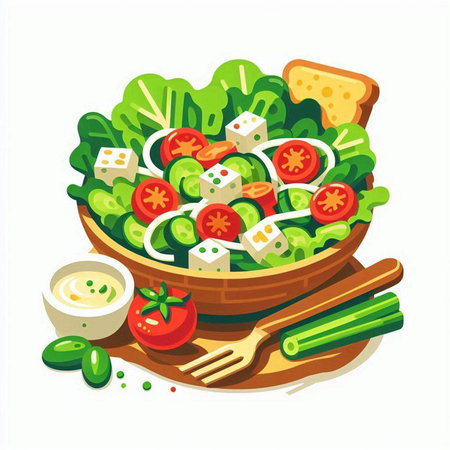 Vector illustration of a bowl of salad with feta cheese and vegetablesのイラスト素材