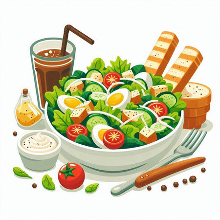 Salad with lettuce, cucumber, tomato, eggnnaise, croutons and sauce. Vector illustrationのイラスト素材