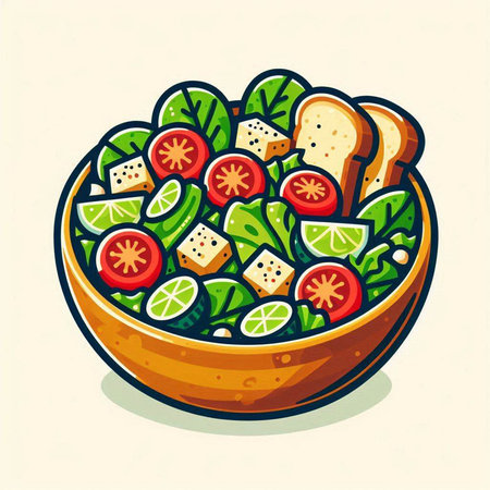 Vegetable salad in a bowl. Vector illustration in cartoon style.のイラスト素材