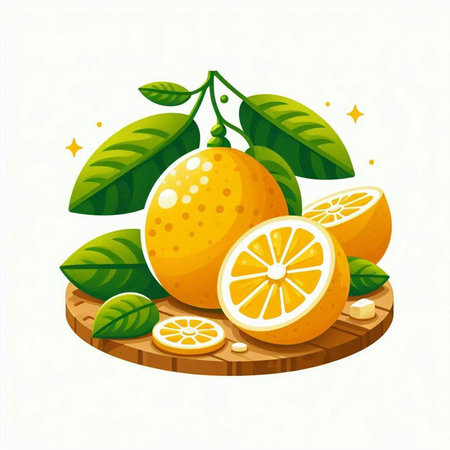 Vector illustration of whole and cut lemons with leaves on white backgroundのイラスト素材