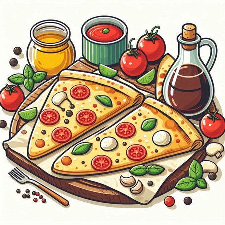 Pizza with mozzarella, tomatoes and basil. Vector illustration.のイラスト素材