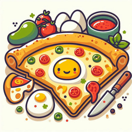 Cartoon vector illustration of pizza with egg, tomato and mozzarellaのイラスト素材