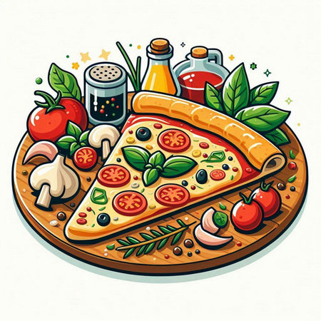 Pizza slice with tomato, mushrooms, olive oil and basil. Vector illustration.のイラスト素材