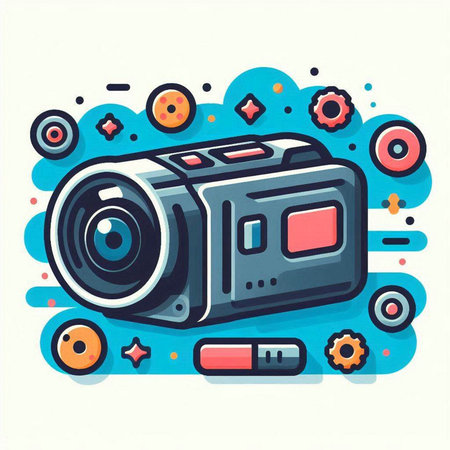 Vector illustration of video camera icon on colorful background. Line art design for web, site, advertising, banner, poster, board and print.のイラスト素材