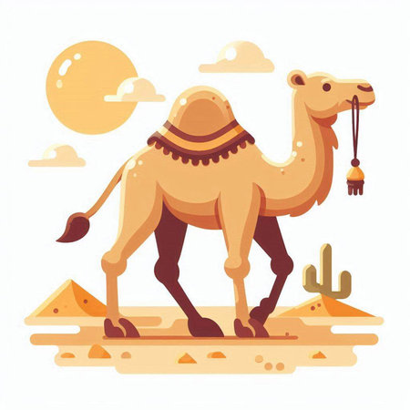 Camel in desert. Vector illustration in flat style on white background.のイラスト素材