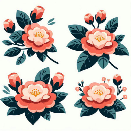 Camellia flower set. Vector illustration in flat style.のイラスト素材