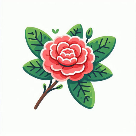 Camellia flower with leaves. Vector illustration isolated on white background.のイラスト素材