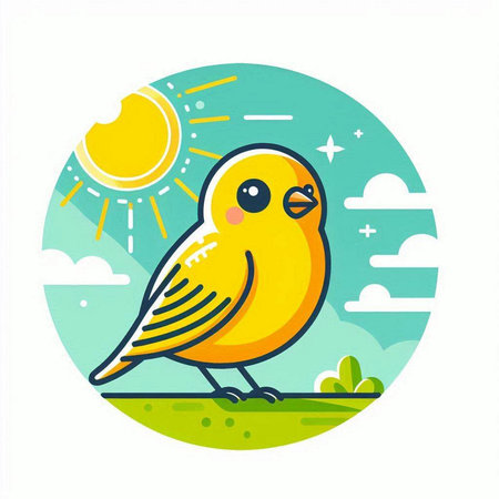 Cute yellow bird in the sun. Vector illustration in flat style.のイラスト素材