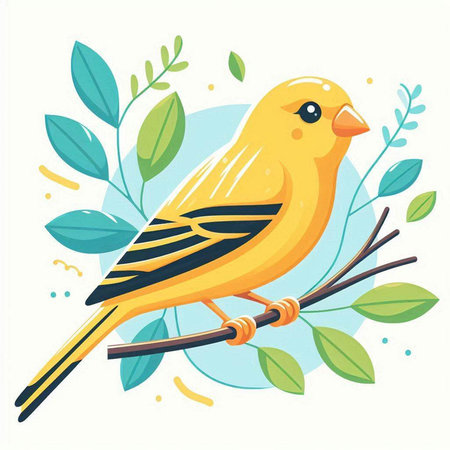 Cute yellow canary bird sitting on a branch. Vector illustration.のイラスト素材