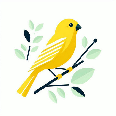 Vector illustration of yellow bird on branch with leaves. Flat style.のイラスト素材