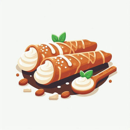 Cannoli with whipped cream, chocolate and nuts. Vector illustrationのイラスト素材