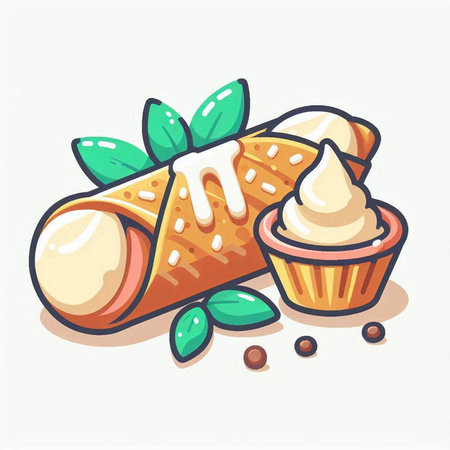 Vector illustration of ice cream roll with whipped cream and fresh mint leaves.のイラスト素材