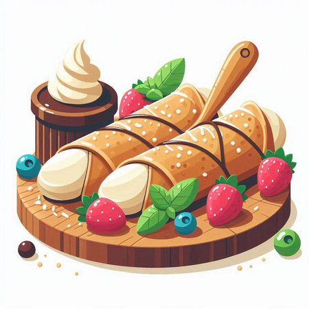 Vector illustration of sweet rolls with cream and berries on wooden plate.のイラスト素材
