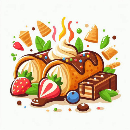 Cake with cream and berries. Vector illustration in cartoon style.のイラスト素材