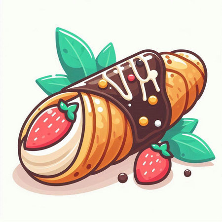 Creamy chocolate roll with strawberry and cream. Vector illustration.のイラスト素材