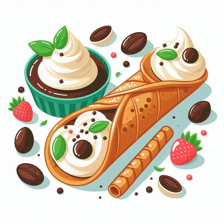 Vector illustration of chocolate ice cream with whipped cream, coffee beans and strawberriesのイラスト素材