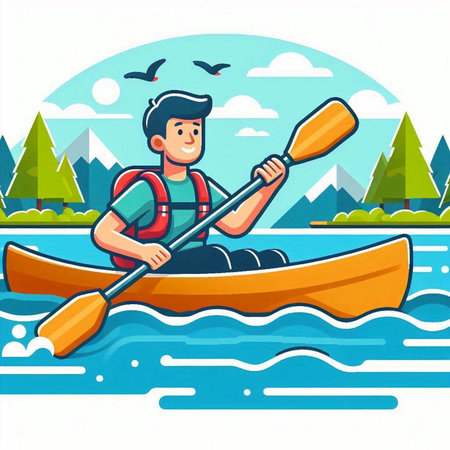 Man in a kayak on the river. Cartoon vector illustration.のイラスト素材