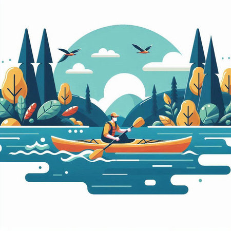 Man in a kayak on the river. Flat vector illustration.のイラスト素材