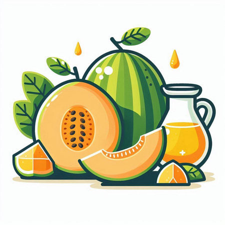 Melon, watermelon, orange juice and leaves. Vector illustrationのイラスト素材