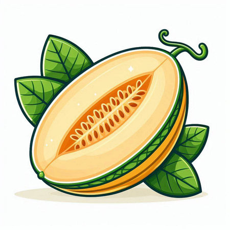 Melon fruit with leaves isolated on white background. Vector illustration.のイラスト素材