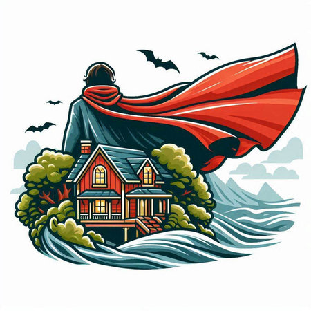 Vector illustration of a house in the sea with a red cloak.のイラスト素材