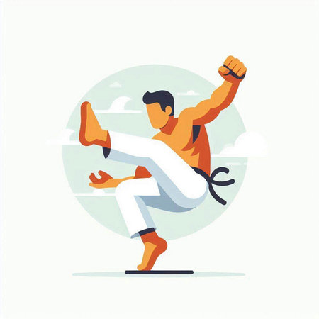 Cartoon vector illustration of a young man doing karate exercise.のイラスト素材