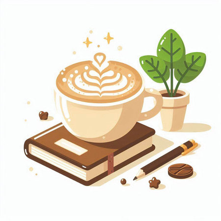 Coffee cup, book, coffee beans and plant. Vector illustration.のイラスト素材
