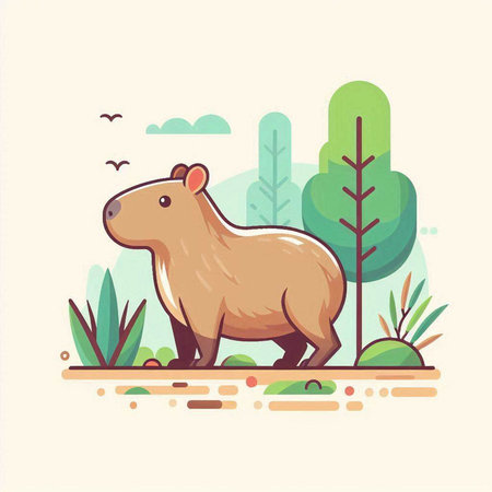 Cute cartoon hippopotamus in the nature. Vector illustration.のイラスト素材