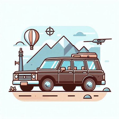 Vector illustration of a retro car on the road with mountains in the backgroundのイラスト素材
