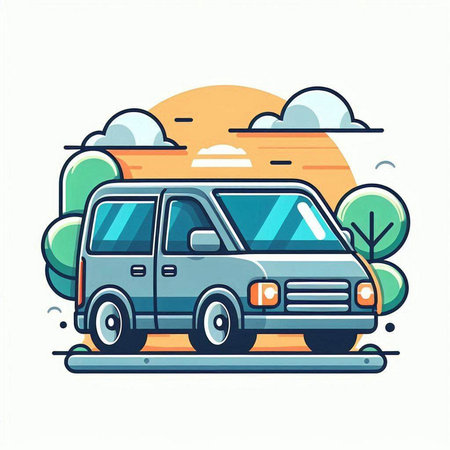 Vector illustration of a van on the road in the countryside. Flat style.のイラスト素材