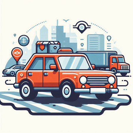 Vector illustration of red taxi car on city background. Line art design for web, site, advertising, banner, poster, board and print.のイラスト素材