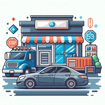Illustration of a car in front of a shop. Vector illustration.のイラスト素材