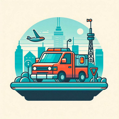 Truck on the background of the city. Vector illustration in retro styleのイラスト素材